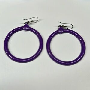 Purple enamel retro dangle circle hoops large statement 80s style
